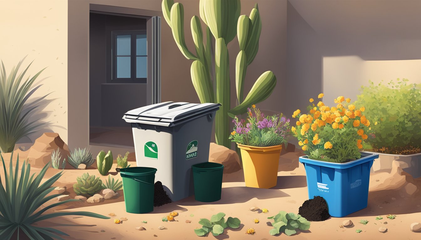 A backyard in Buckeye, AZ with a compost bin, garden tools, and various organic waste materials scattered around. Sunlight and desert plants in the background