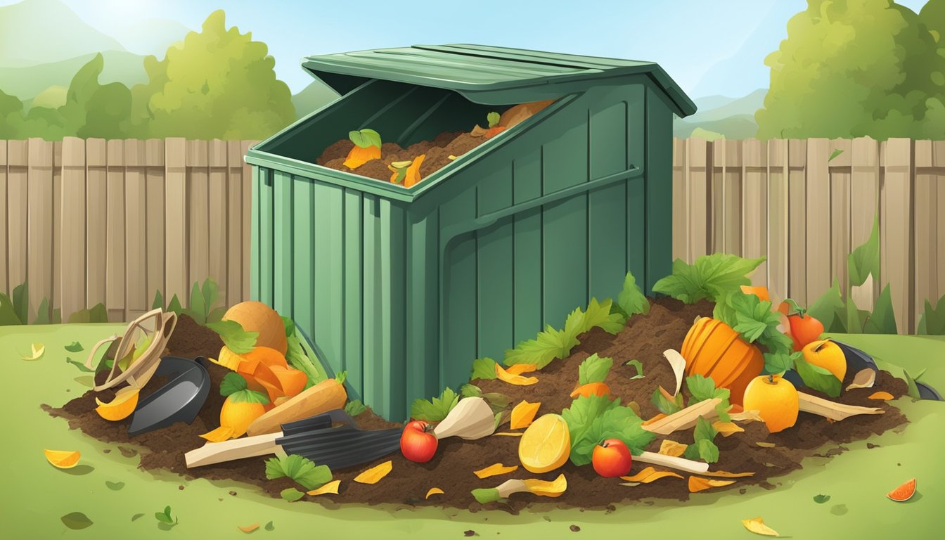 A backyard compost bin surrounded by a variety of organic waste, such as fruit peels, vegetable scraps, and dry leaves, with a shovel nearby