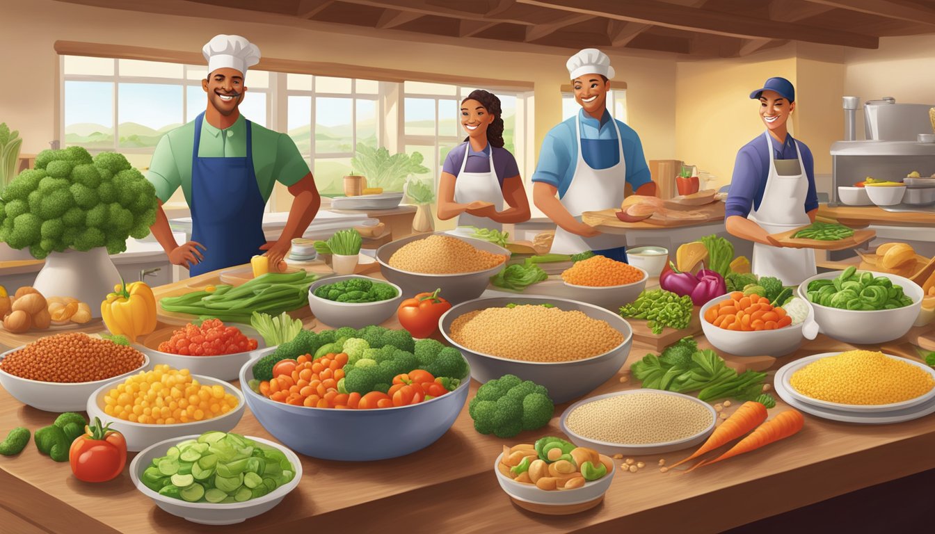 A colorful array of fresh vegetables, lean proteins, and whole grains arranged on a table at Olive Garden, with chefs preparing customizable meals for better health