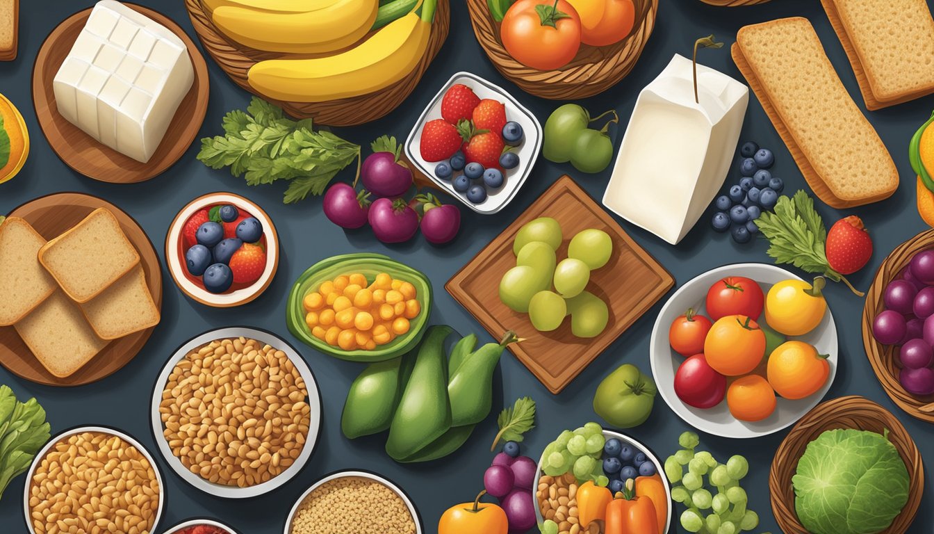 A colorful display of fresh fruits and vegetables arranged in baskets at a Cracker Barrel restaurant, alongside a selection of whole grain breads and low-fat dairy options