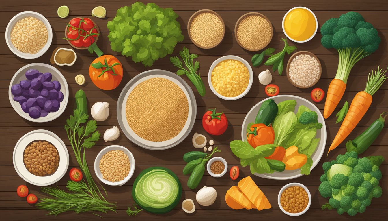 A colorful array of fresh vegetables, whole grains, and lean proteins displayed on a rustic wooden table at Olive Garden