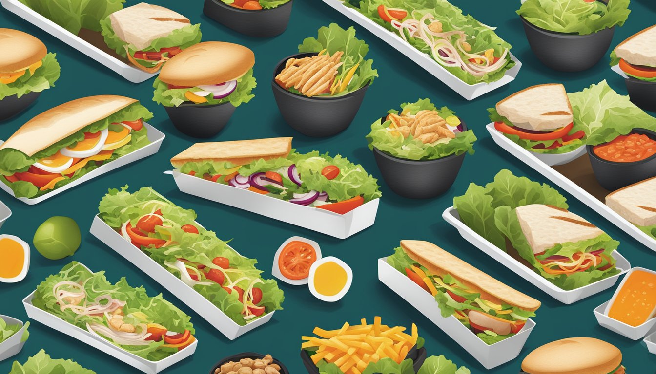 A colorful array of fresh salads, grilled chicken sandwiches, and veggie-packed wraps displayed on a modern, minimalist menu board at Jack in the Box