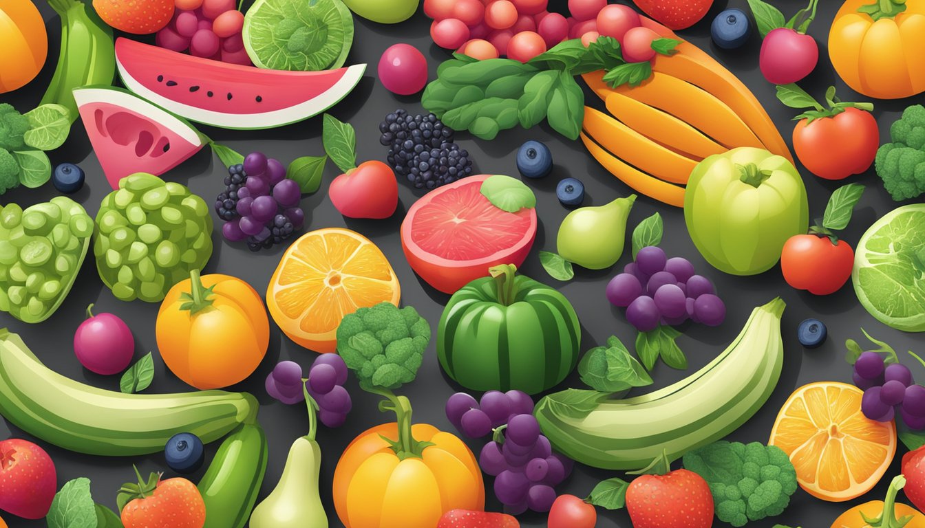 A colorful array of fresh fruits and vegetables arranged on a sleek, modern countertop