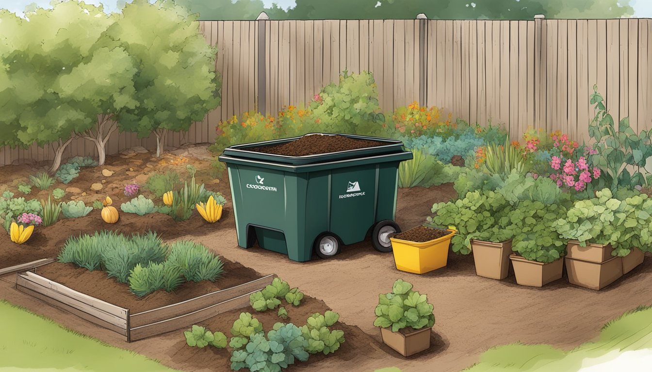 A backyard composting setup with a bin, pitchfork, and various organic materials surrounded by a garden in Goodyear, AZ