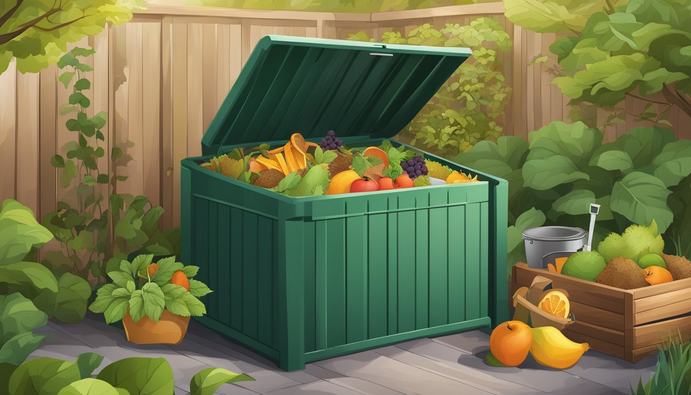 A backyard compost bin surrounded by garden tools and various organic materials like fruit peels, leaves, and grass clippings