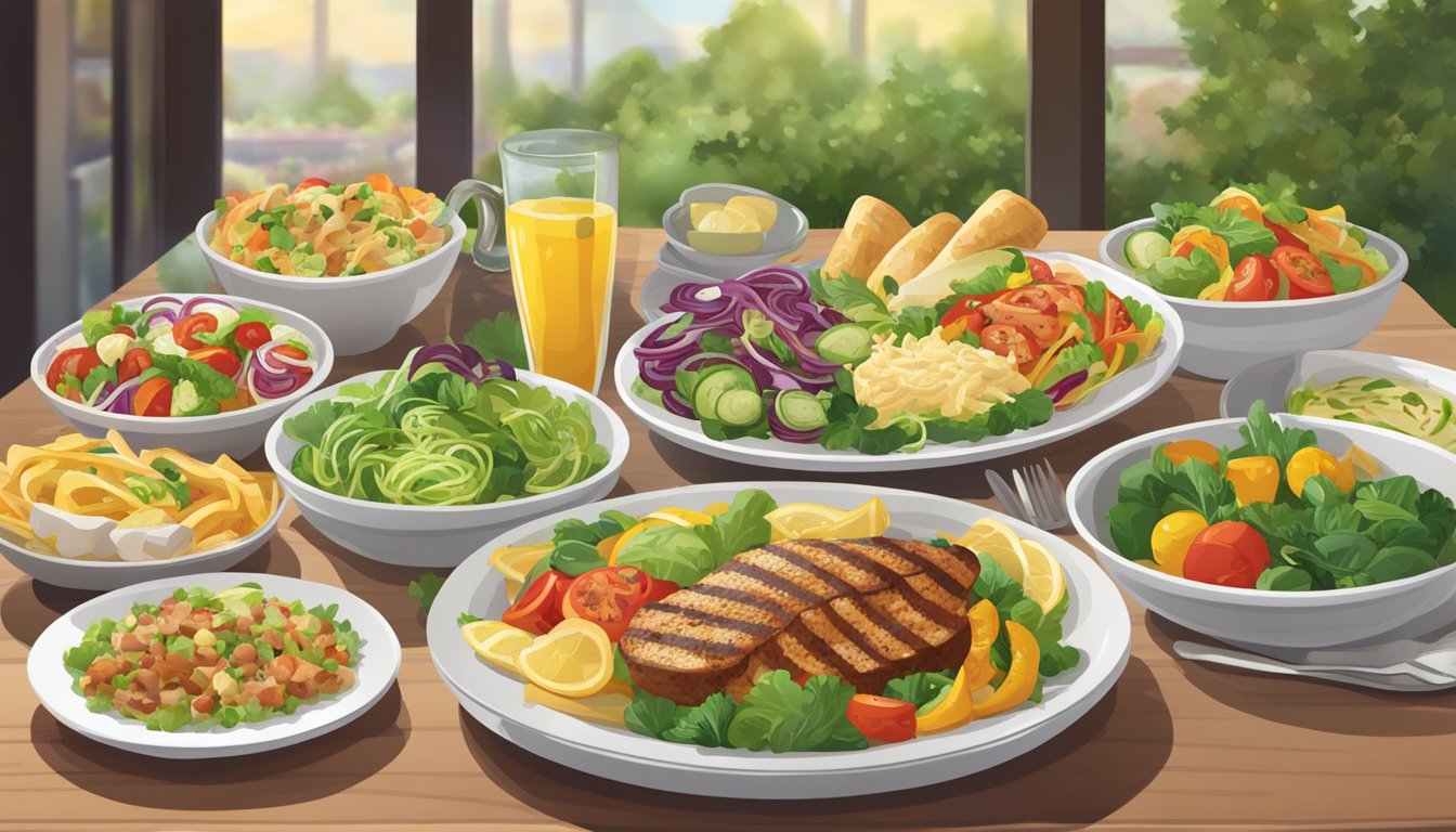 A table set with a variety of healthy dishes, including salads, grilled vegetables, and lean proteins, at an Olive Garden restaurant in 2024