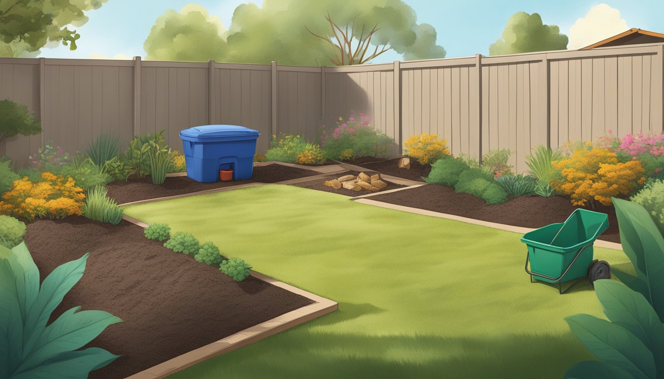 A backyard in Glendale, AZ with a compost bin, shovel, and various organic materials spread out on the ground