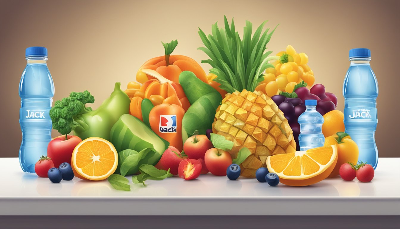 A colorful display of fresh fruits, vegetables, and bottled water arranged on a table with the Jack in the Box logo in the background