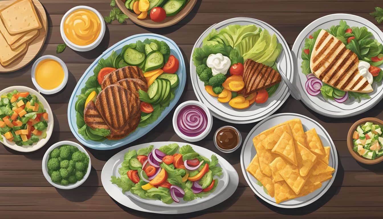 A table set with a variety of colorful, fresh, and healthy food options, including salads, grilled vegetables, and lean protein choices at Cracker Barrel in 2023