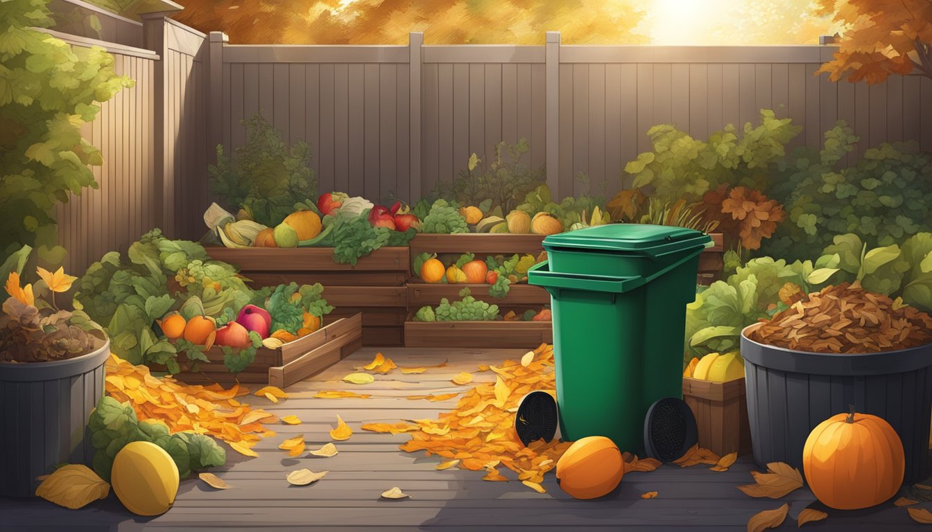 A sunny backyard with a compost bin surrounded by a variety of organic waste materials, such as fruit peels, vegetable scraps, and fallen leaves