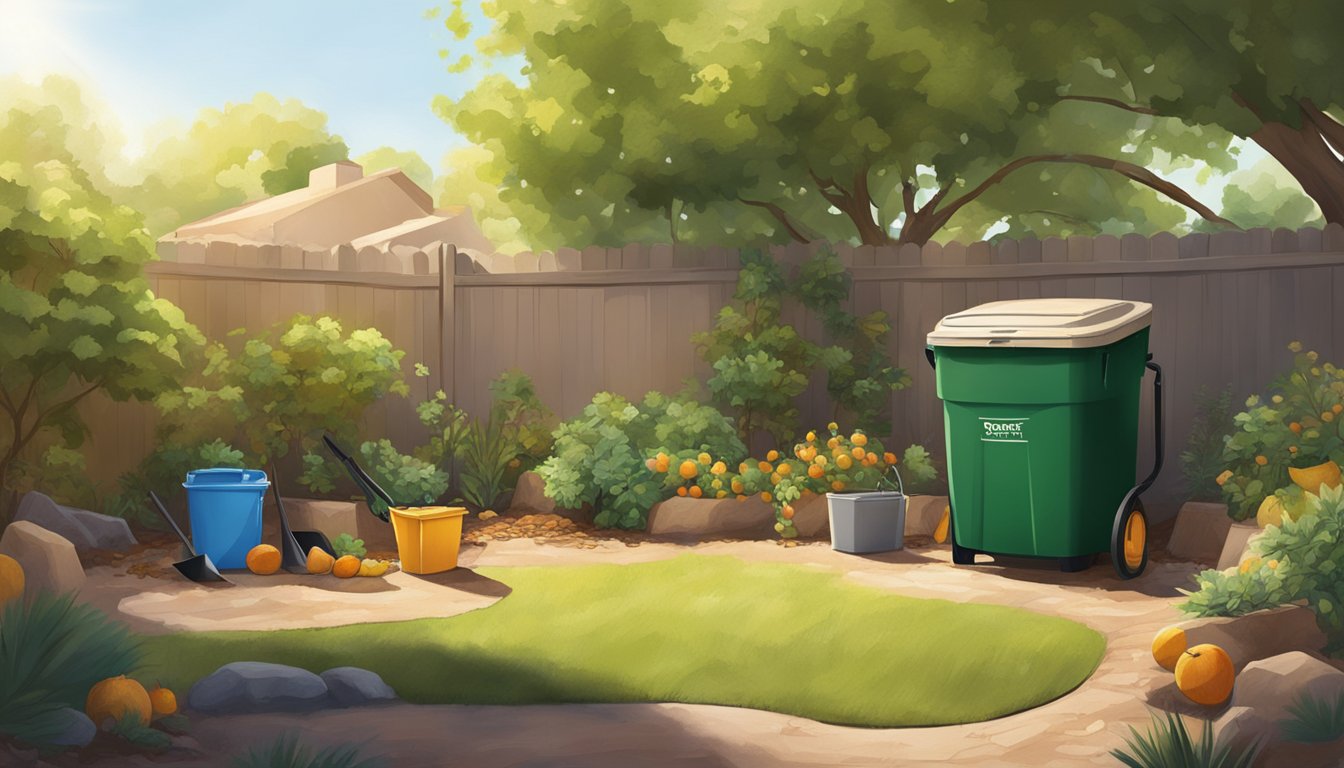 A backyard in Gilbert, AZ with a compost bin, shovel, and various organic materials like fruit peels and leaves. Sunlight filters through the trees