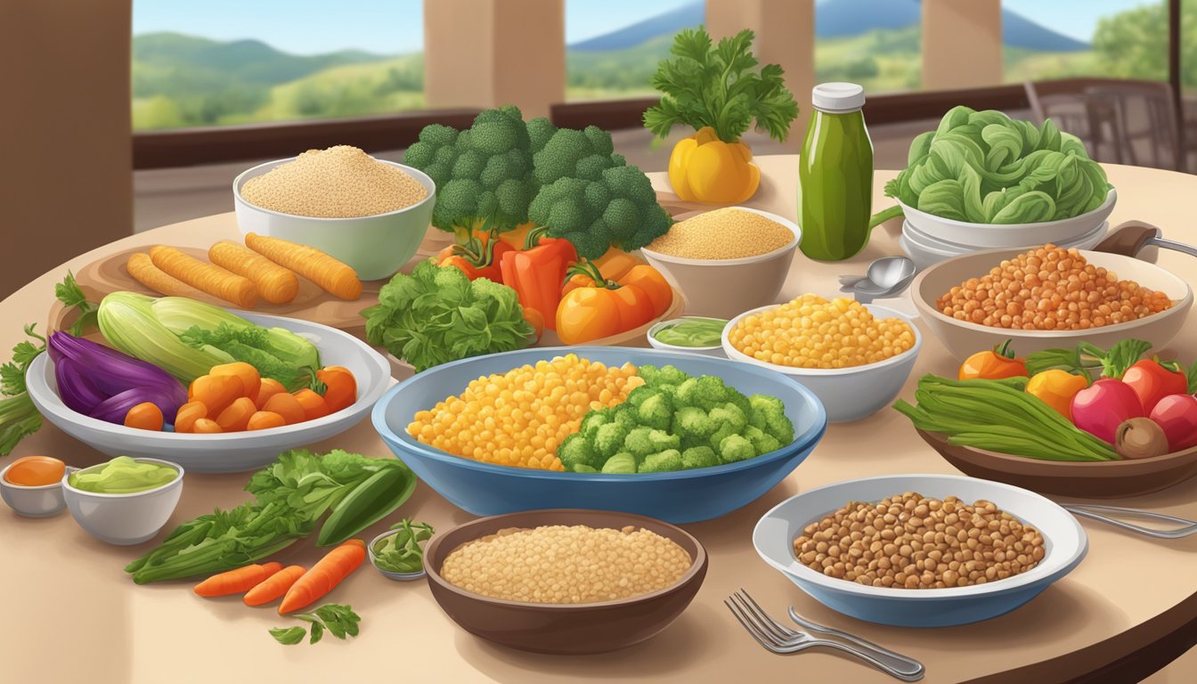 A table set with a variety of colorful, fresh vegetables, whole grains, and lean proteins at an Olive Garden restaurant in 2024