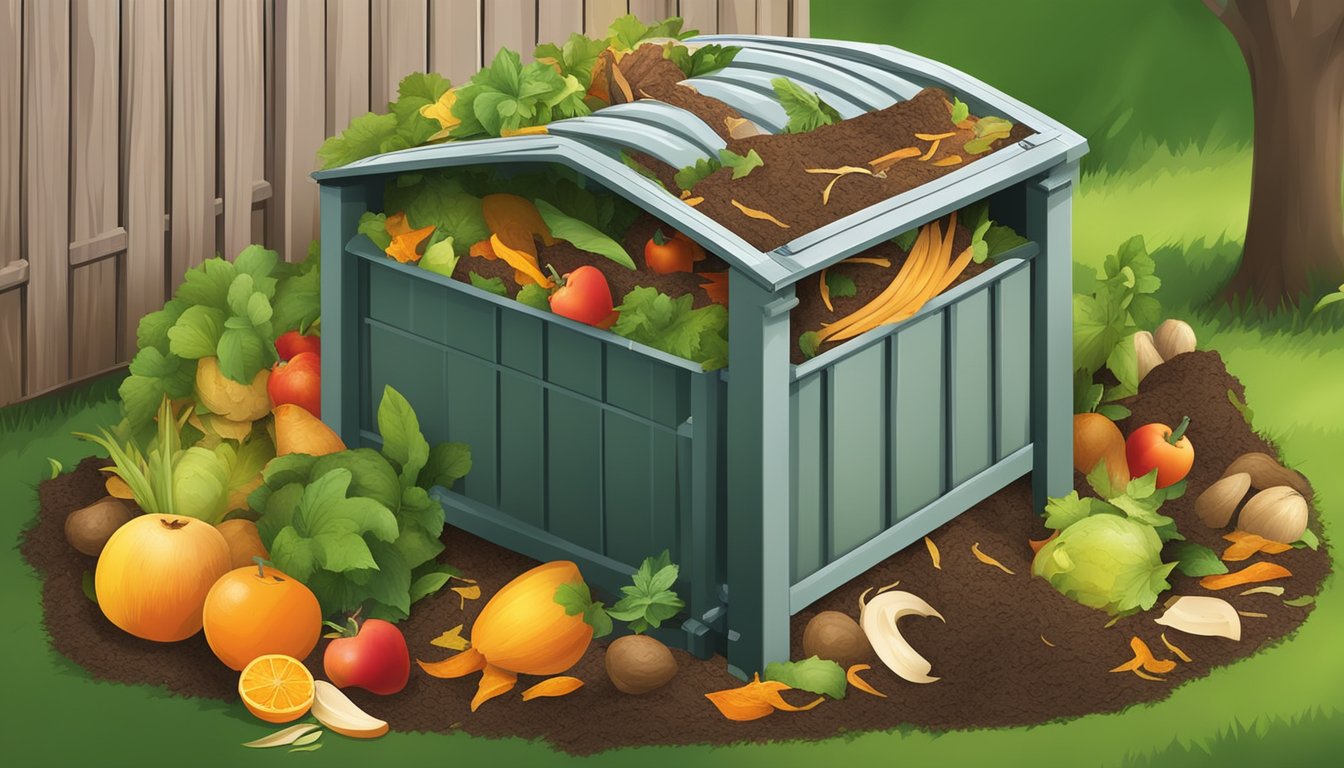 A backyard compost bin surrounded by various composting ingredients such as fruit peels, vegetable scraps, leaves, and grass clippings