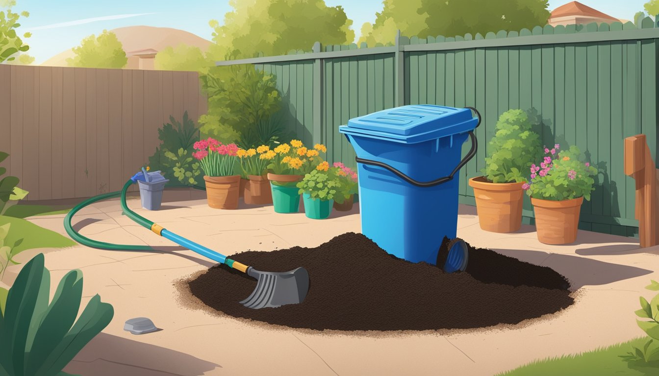 A backyard in Goodyear, AZ with a compost bin, shovel, and various organic waste being mixed together. The sun is shining and a garden hose is nearby