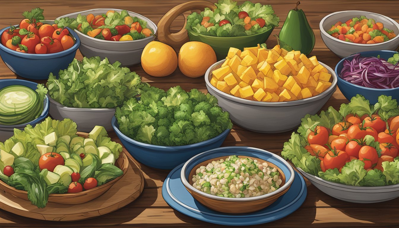 A colorful array of fresh salads, steamed vegetables, and fruit bowls arranged on a rustic wooden table at Cracker Barrel in 2023