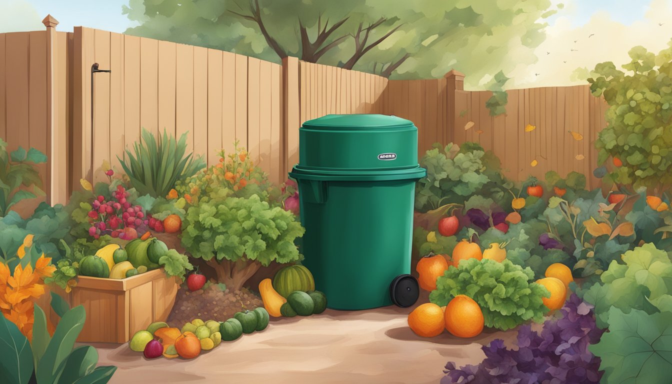 A lush garden with a compost bin surrounded by various organic materials like fruit peels, vegetable scraps, and dried leaves in Gilbert, AZ