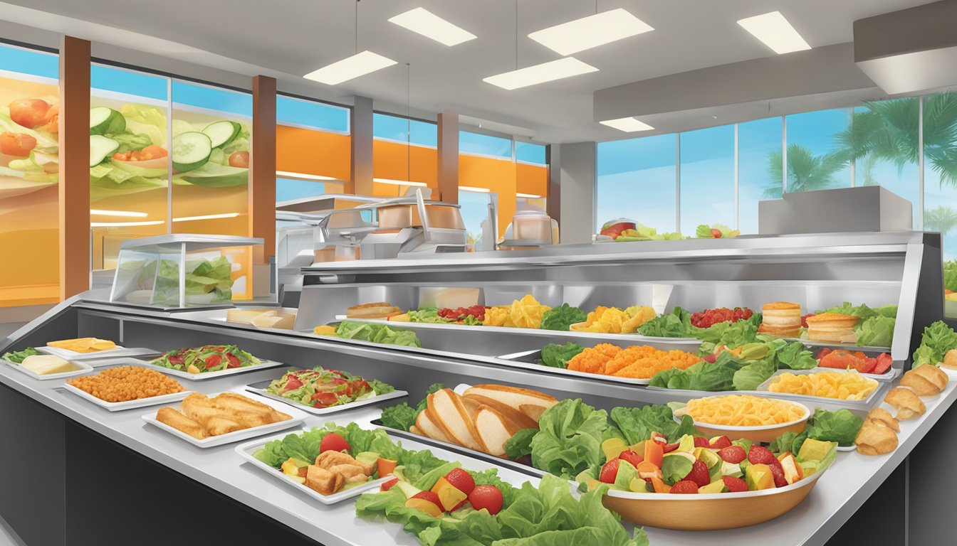 A colorful array of fresh salads, grilled chicken sandwiches, and fruit cups displayed on a clean, modern counter at Jack in the Box