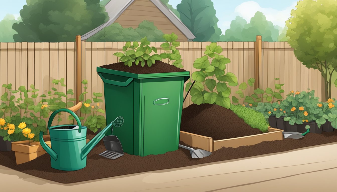 A backyard compost bin surrounded by a mix of green and brown materials, with a shovel and a watering can nearby. A small garden plot shows thriving plants