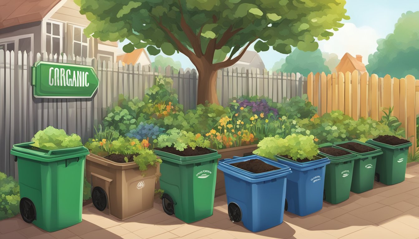 A lush garden with a compost bin, surrounded by labeled bins for different types of organic waste. A city logo is visible on a nearby sign