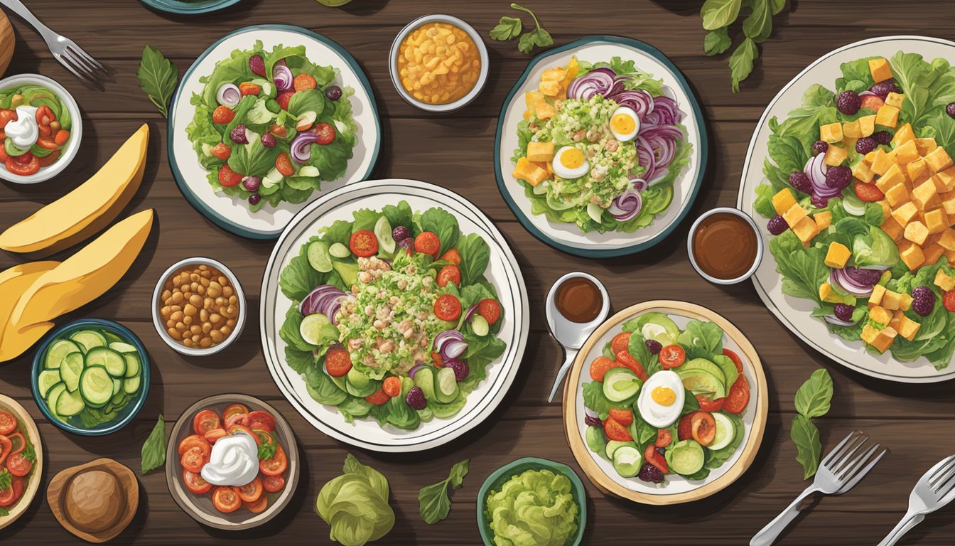 A colorful array of fresh salads and health-focused dishes displayed on a rustic wooden table at Cracker Barrel