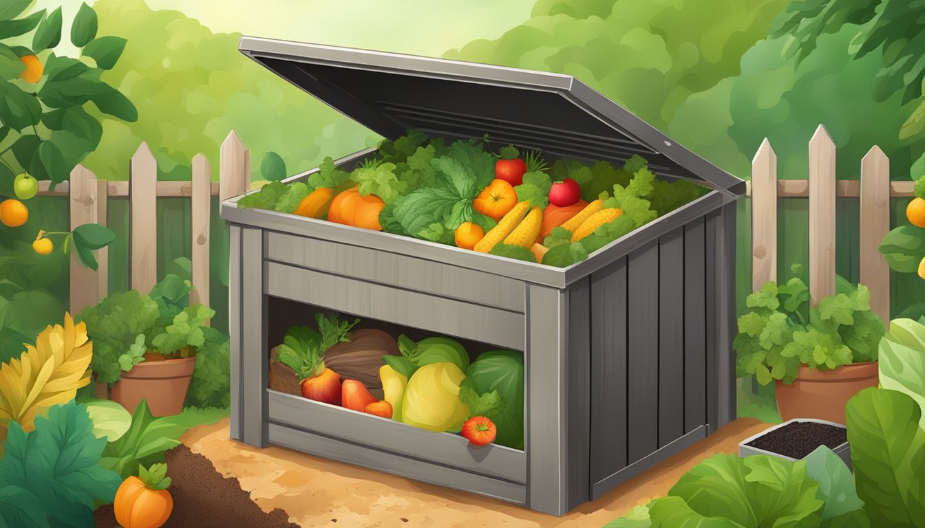 A backyard compost bin surrounded by a variety of organic materials, including fruit and vegetable scraps, leaves, and grass clippings