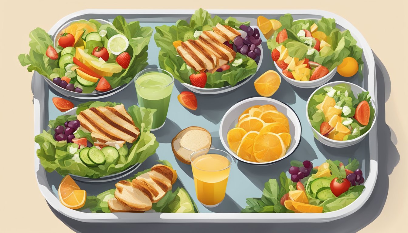 A colorful array of fresh salads, grilled chicken sandwiches, and fruit cups on a clean, modern tray