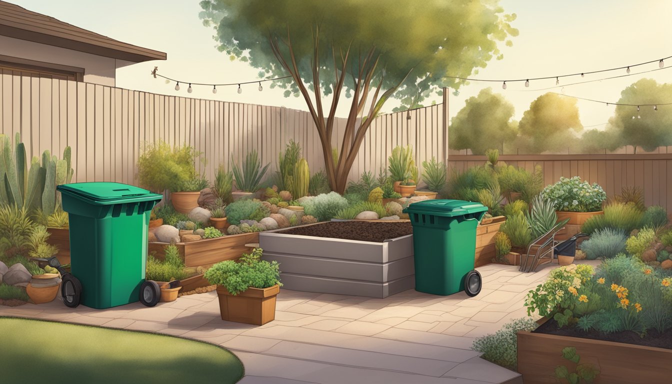 A backyard in Glendale, AZ with a compost bin, garden tools, and various organic materials being added to the bin