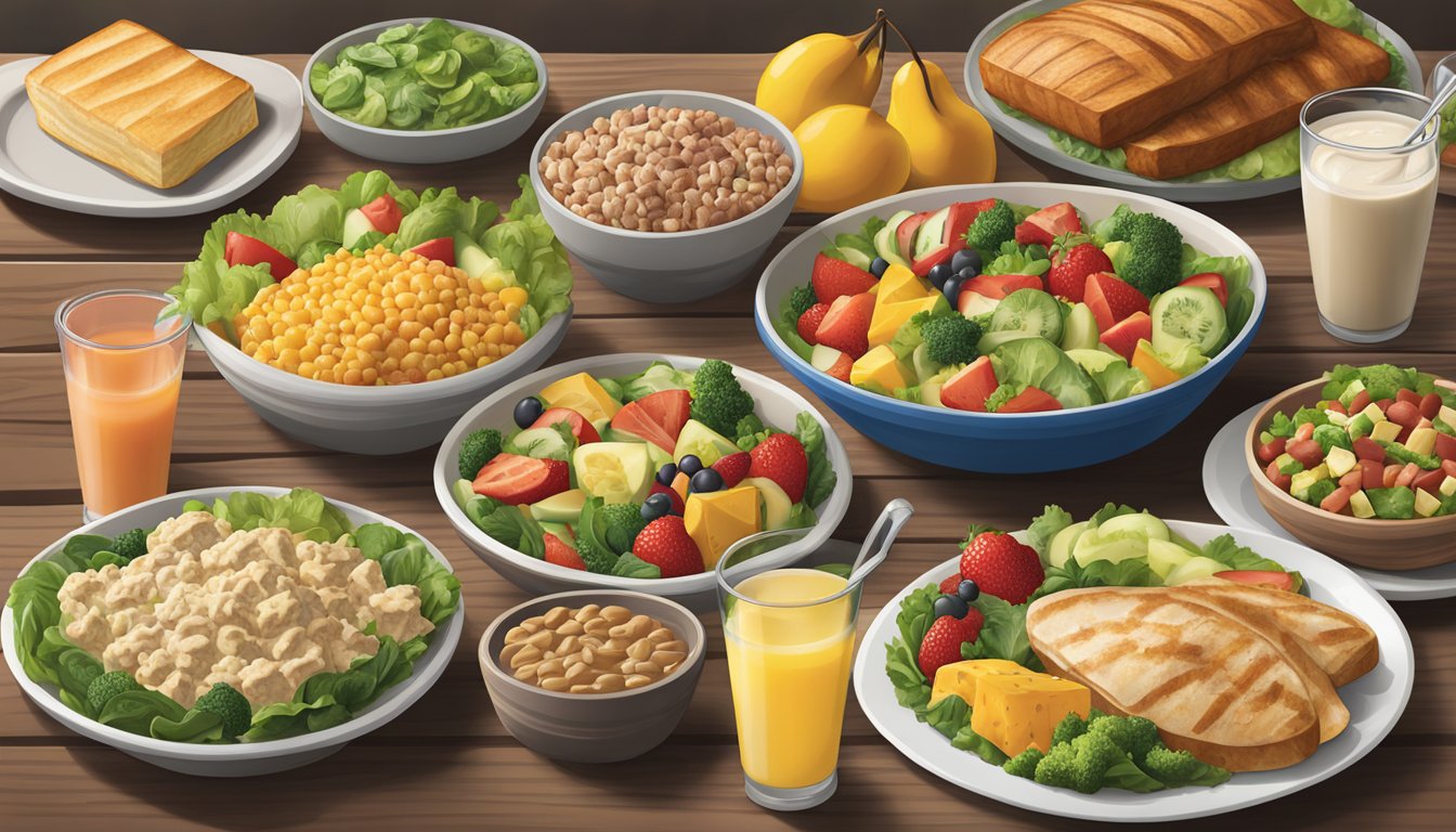 A table set with a variety of healthy meal options at Cracker Barrel, including fresh fruits, salads, grilled vegetables, and lean protein choices