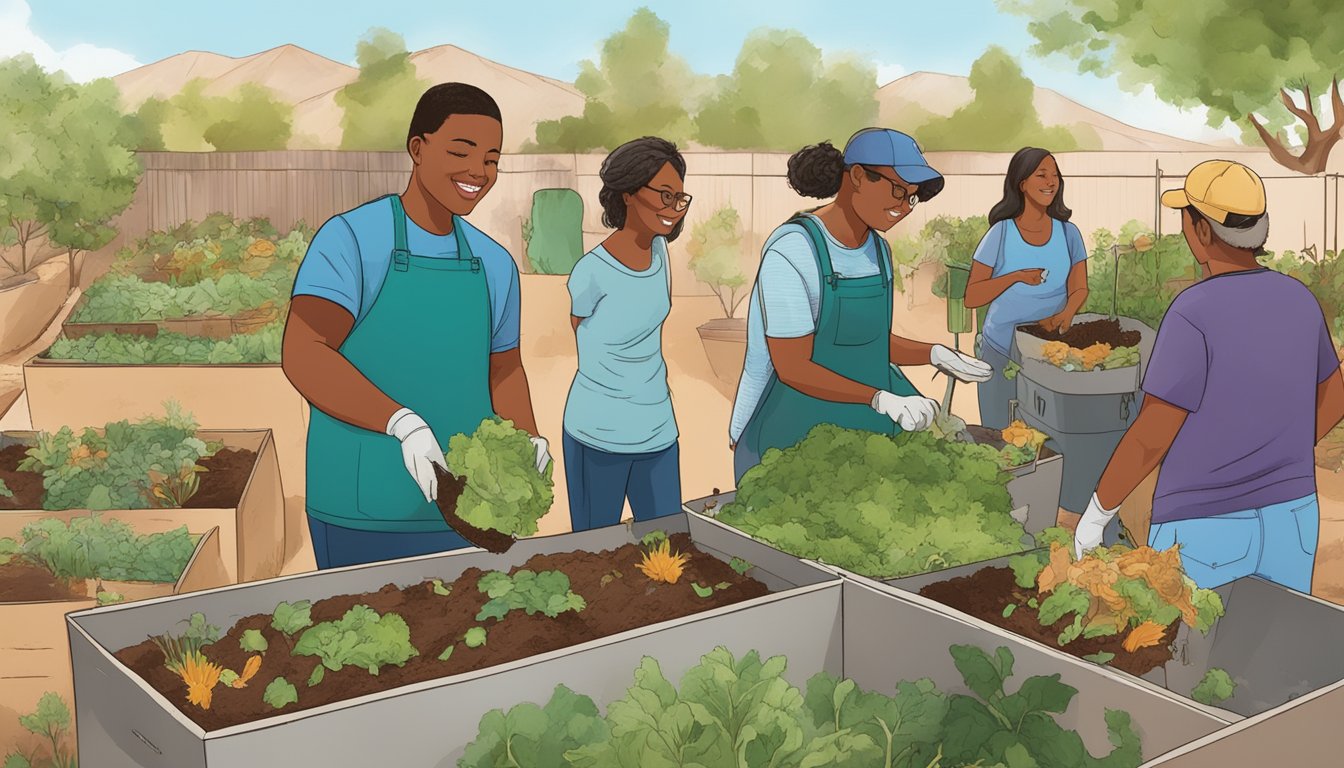 A diverse group of people in Glendale, AZ are working together to compost food scraps and yard waste in a community garden