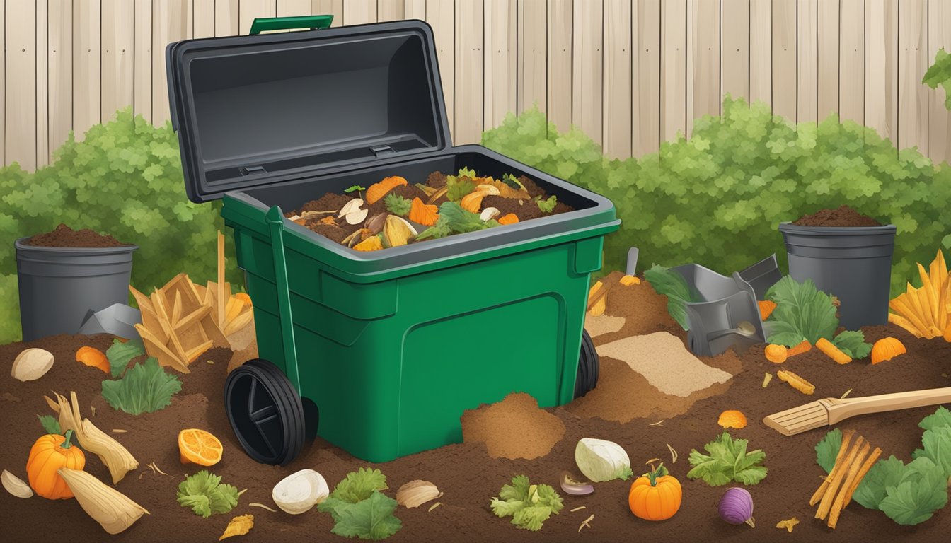 A backyard compost bin surrounded by various food scraps, yard waste, and a shovel in Goodyear, AZ