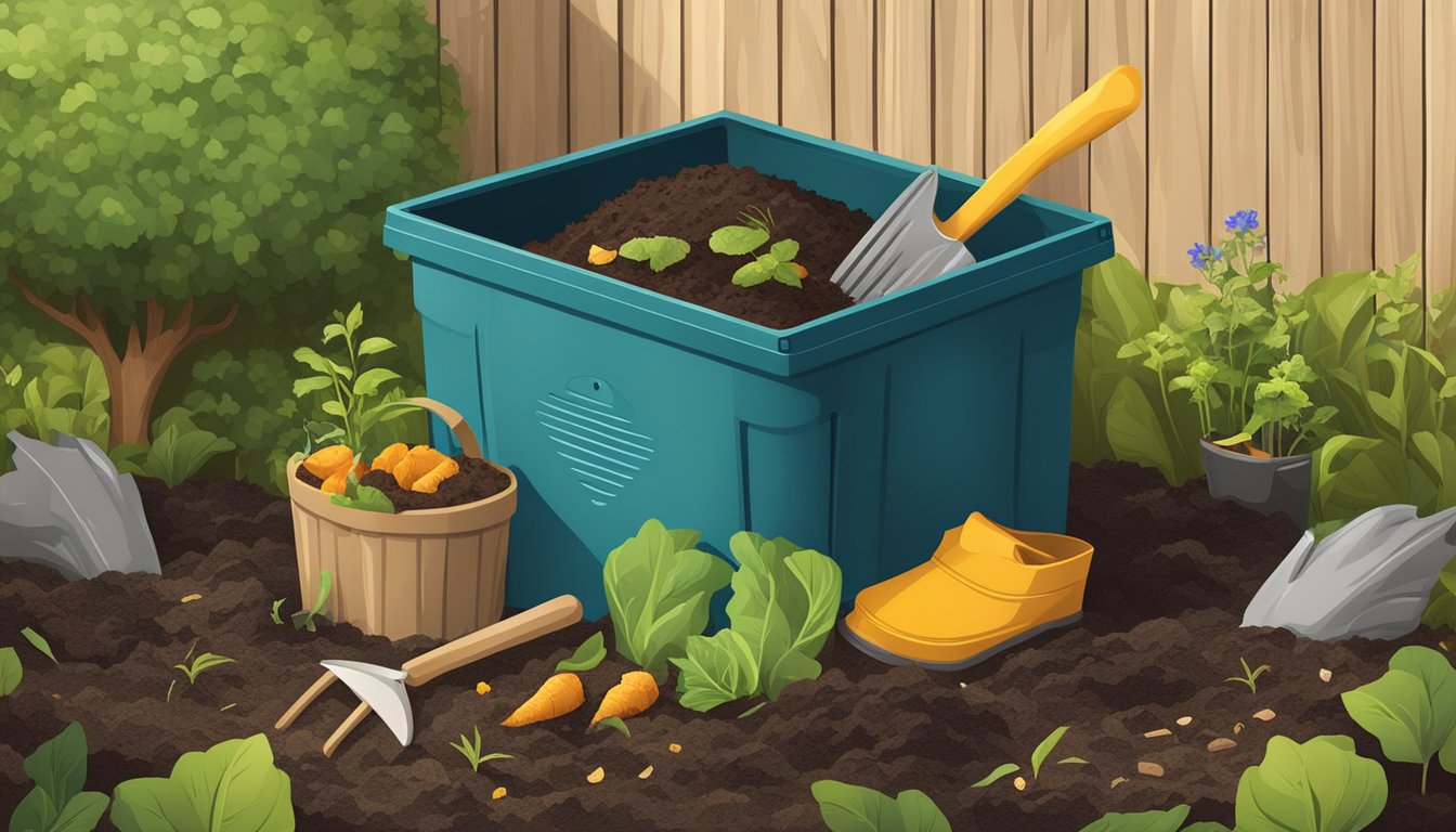 A backyard compost bin surrounded by various organic waste materials, with a shovel and gardening gloves nearby