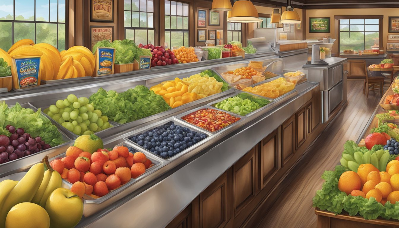 A colorful display of fresh fruits, salads, and smoothies at a Cracker Barrel restaurant in 2023