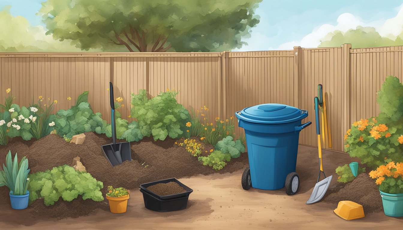 A backyard in Gilbert, AZ with a compost bin, garden tools, and a variety of organic waste being added to the compost pile