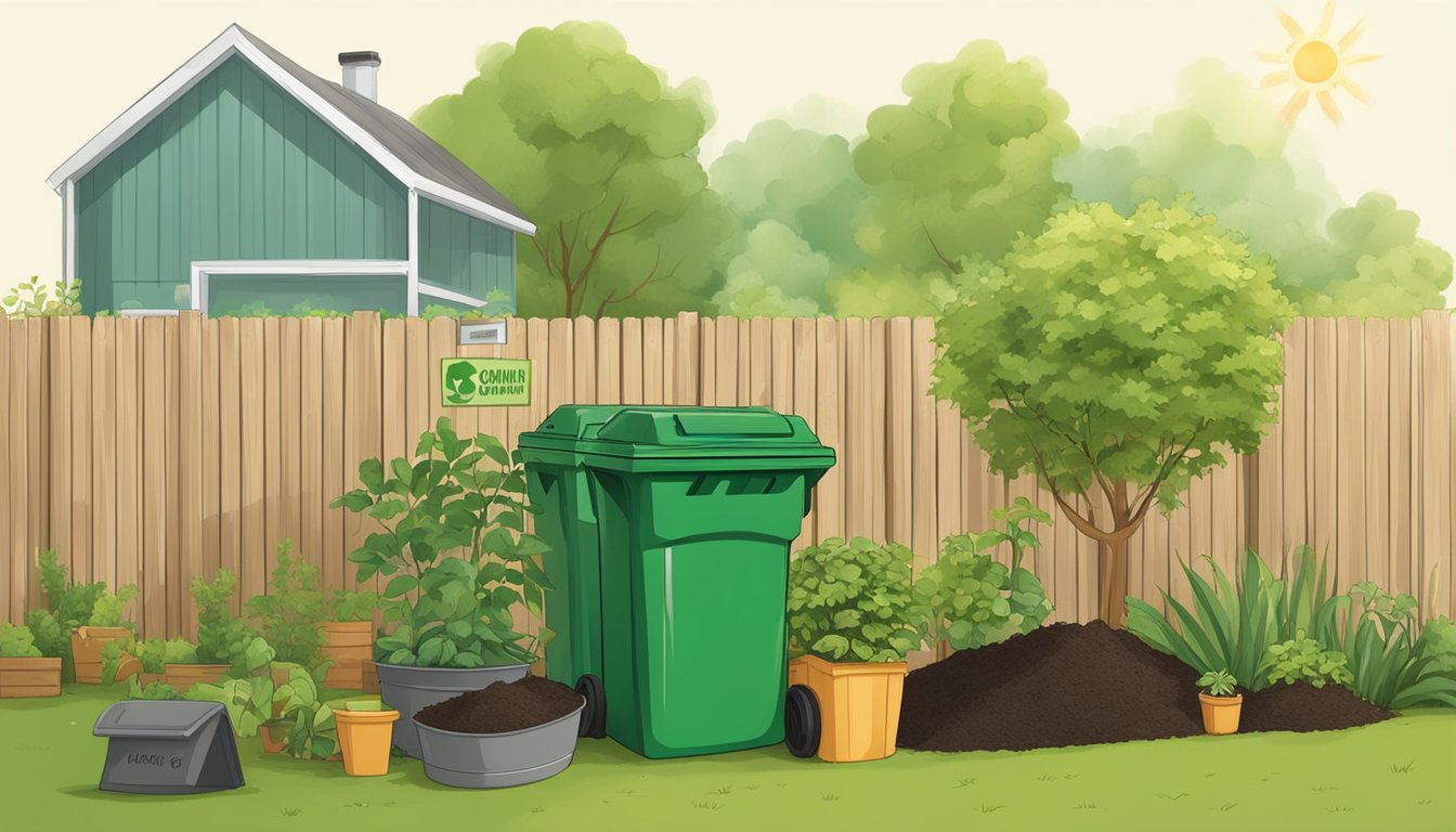 A sunny backyard with a compost bin next to a recycling bin, surrounded by green plants and a sign displaying composting guidelines