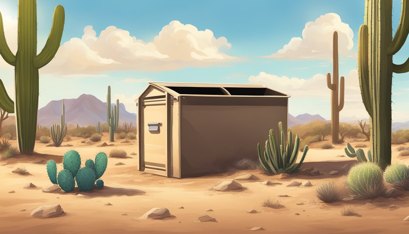 A desert landscape with a composting bin surrounded by cacti and dry, sandy soil under a bright, sunny sky in Goodyear, AZ