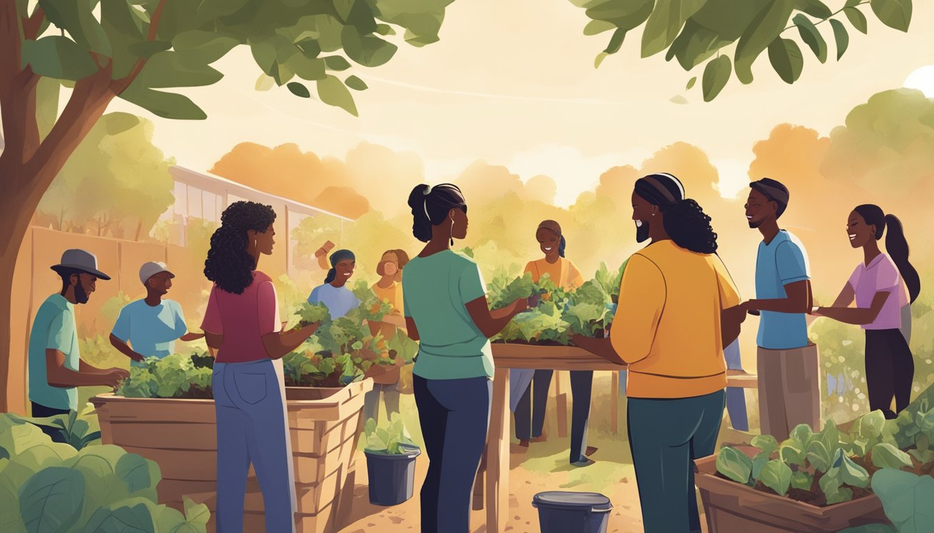 A diverse group of people gather in a community garden, learning about composting from an expert. The sun shines down on the group as they work together to create a sustainable impact