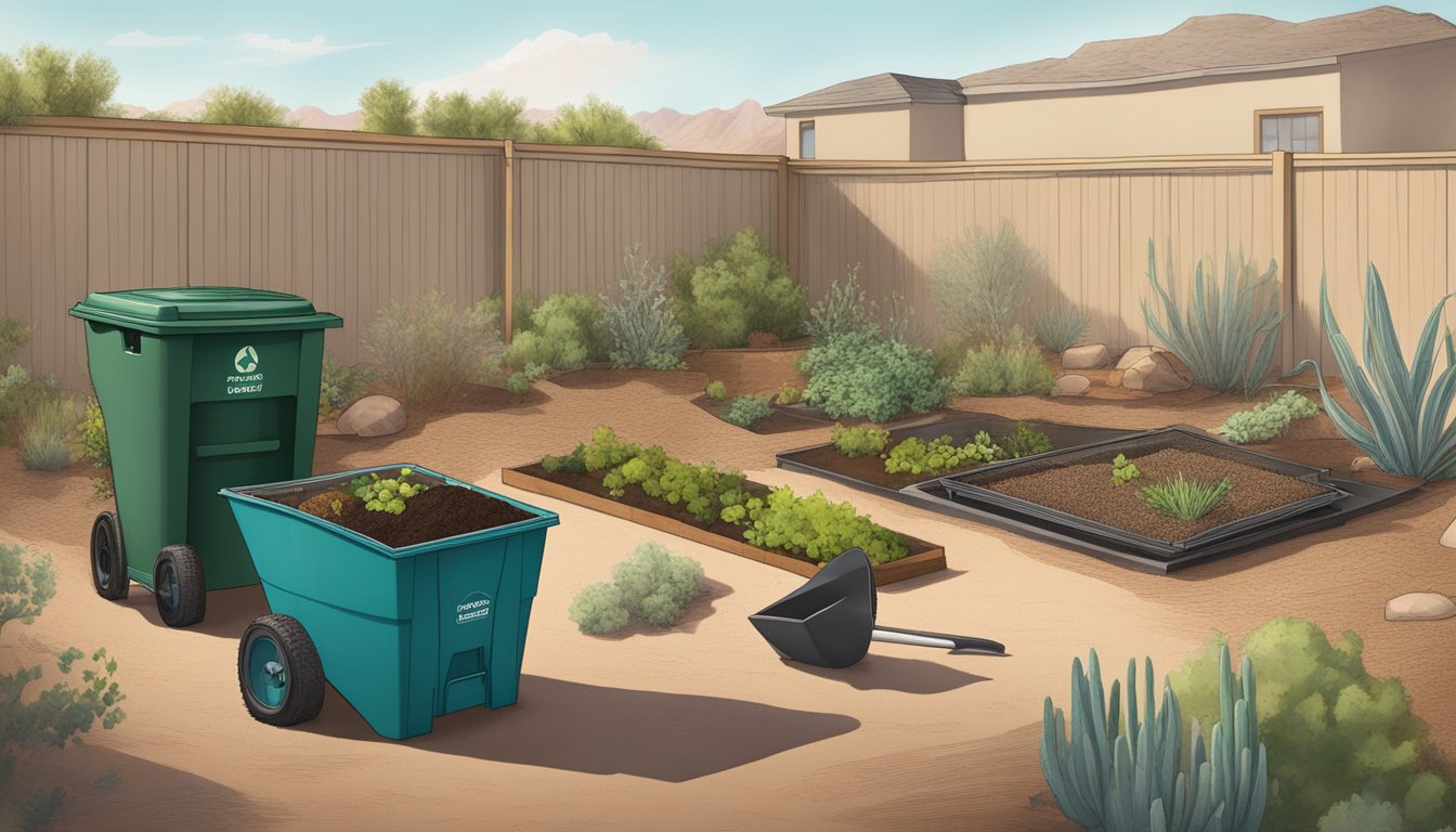 A backyard composting setup with a bin, shovel, and various organic materials, surrounded by desert vegetation in Gilbert, AZ