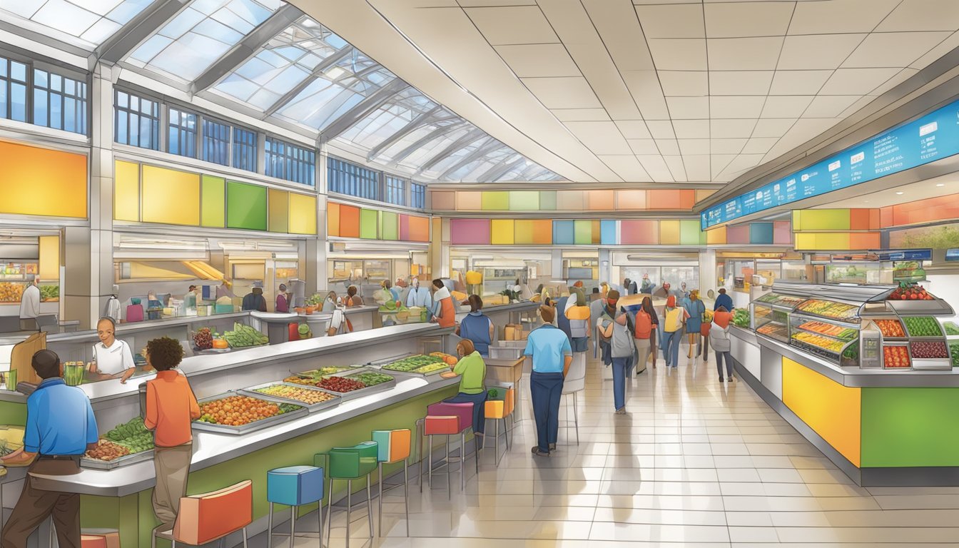 A bustling Penn Station food court with colorful, fresh fruit stands, salad bars, and smoothie stations, offering a variety of healthy dining options