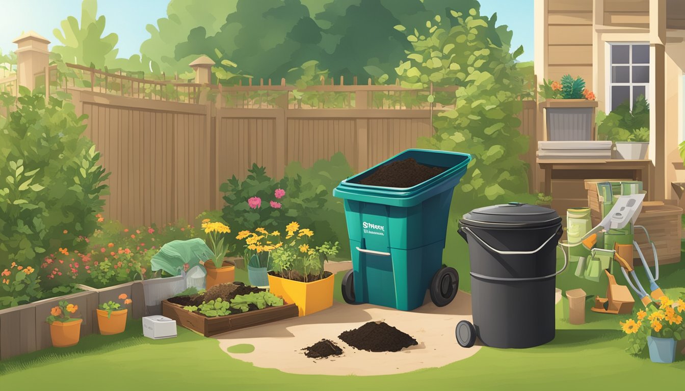 A sunny backyard with a compost bin surrounded by gardening tools, a hose, and a pile of organic waste. Nearby, a stack of informational pamphlets and a sign promoting local composting resources