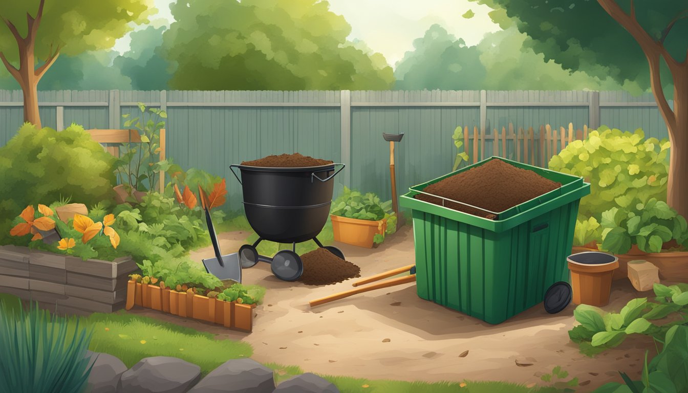 A backyard with a compost bin surrounded by various organic materials such as kitchen scraps, leaves, and grass clippings. A shovel and pitchfork nearby