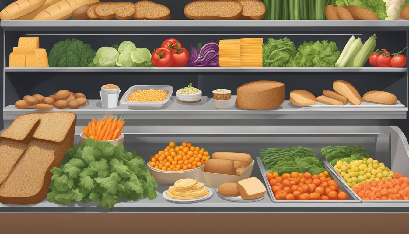 A colorful display of fresh vegetables, whole grain bread, and lean proteins at a Penn Station sandwich shop