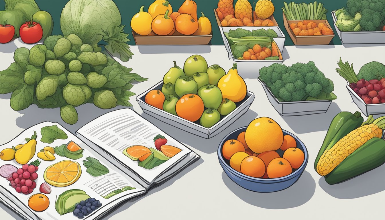 A colorful array of fresh fruits and vegetables arranged neatly on a table, with informational pamphlets and resources displayed nearby