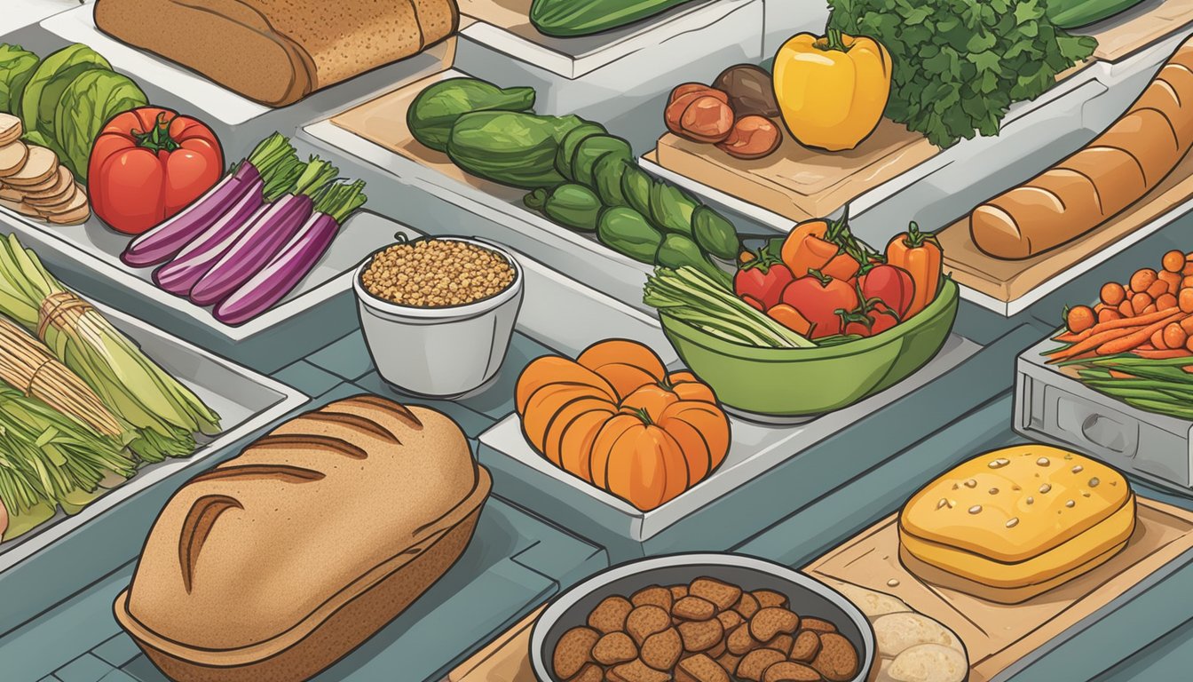 A colorful display of fresh vegetables, lean meats, and whole grain breads arranged on a counter at Penn Station, showcasing their healthy sub options