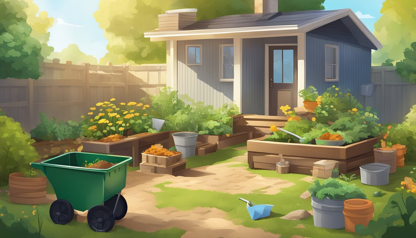 A sunny backyard with a composting bin, shovel, and various organic waste materials scattered around. A small garden nearby adds to the natural setting