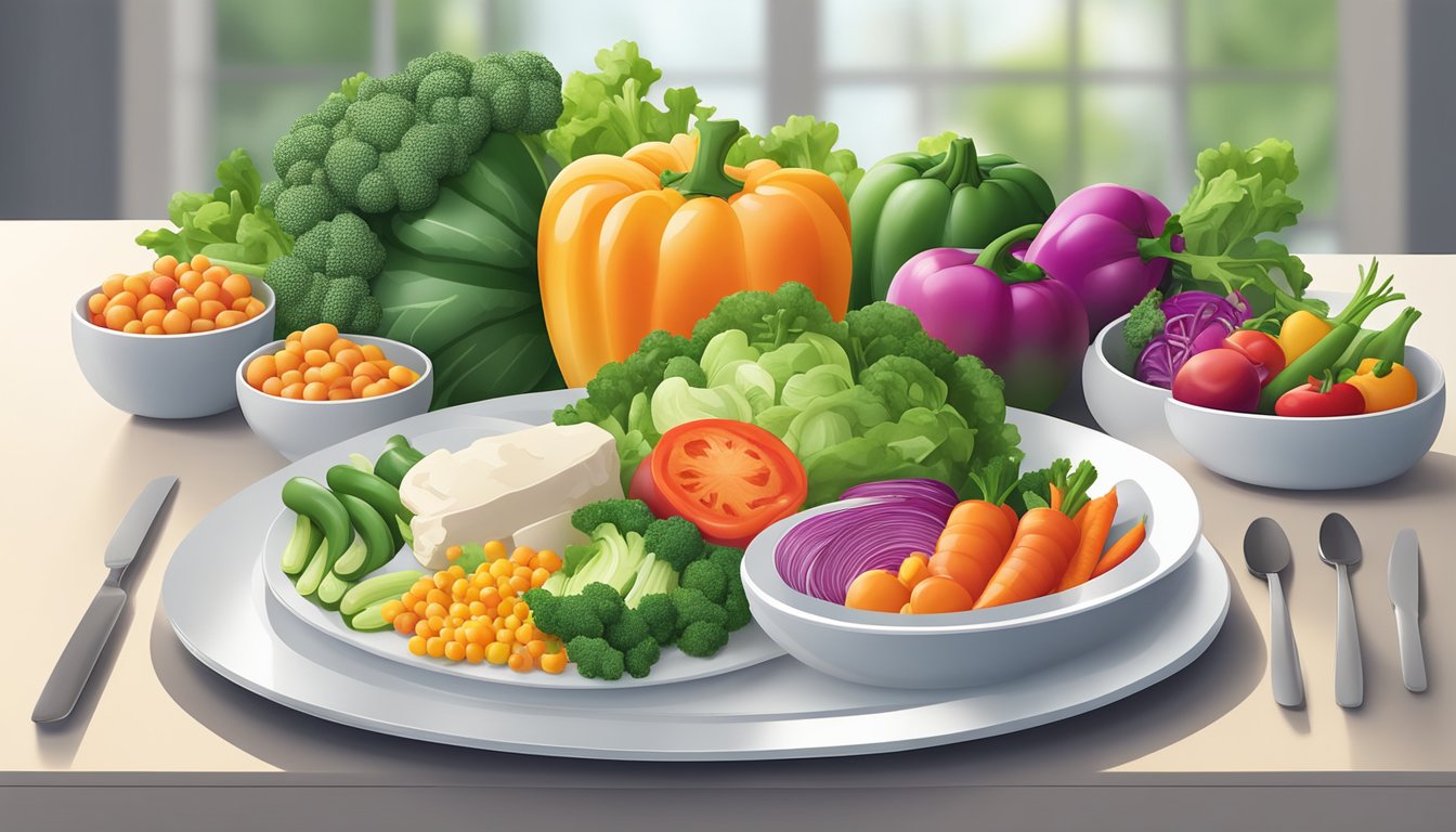 A colorful array of fresh vegetables and lean proteins arranged on a clean, modern table setting