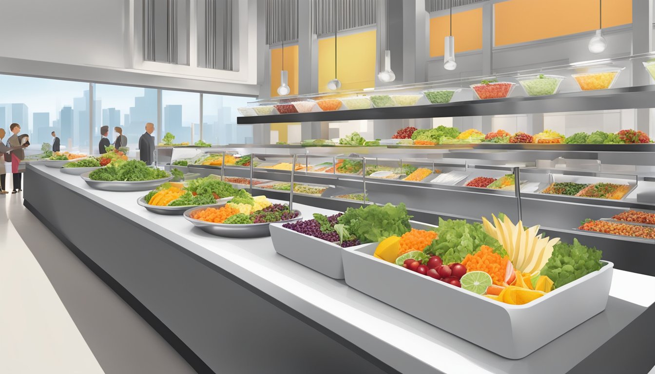 A variety of fresh salads, wraps, and fruit bowls displayed at a bright and modern food station in Penn Station