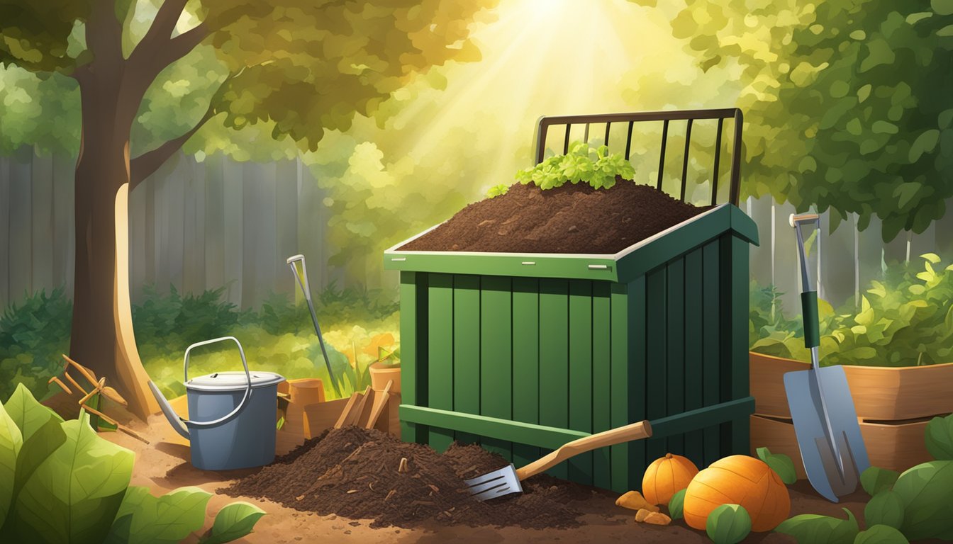 A backyard compost bin surrounded by a variety of organic materials, with a shovel and pitchfork nearby. Sunlight filters through the trees