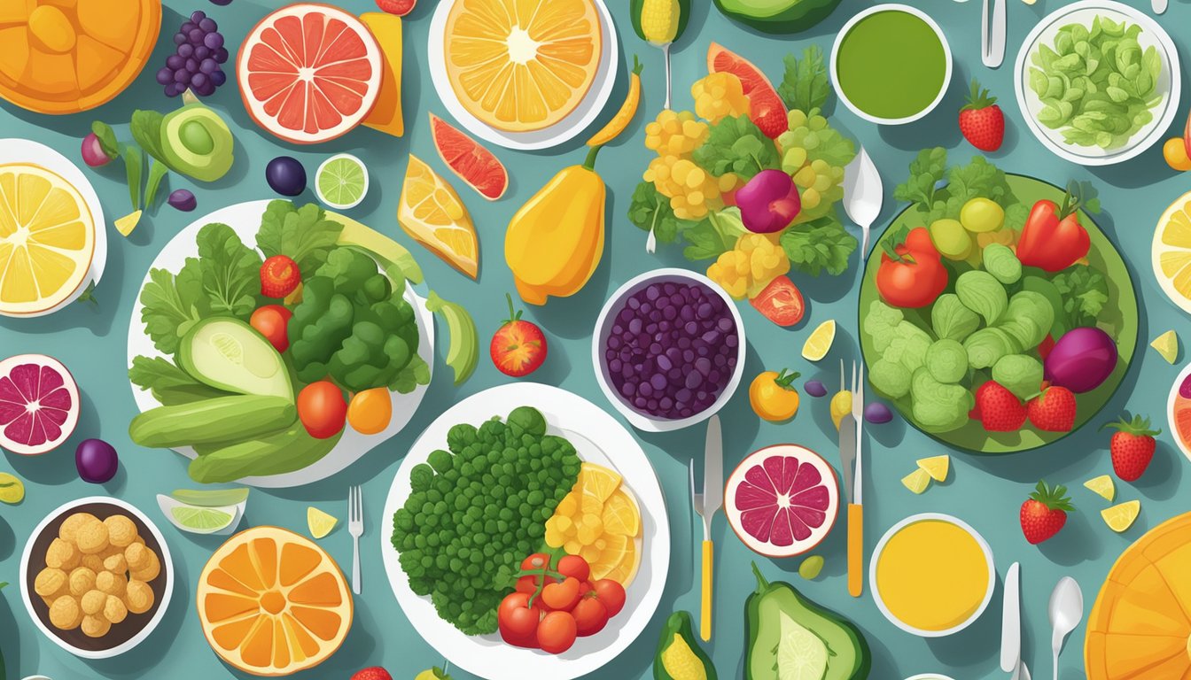 A colorful array of fresh vegetables and fruits displayed on a clean, modern table setting