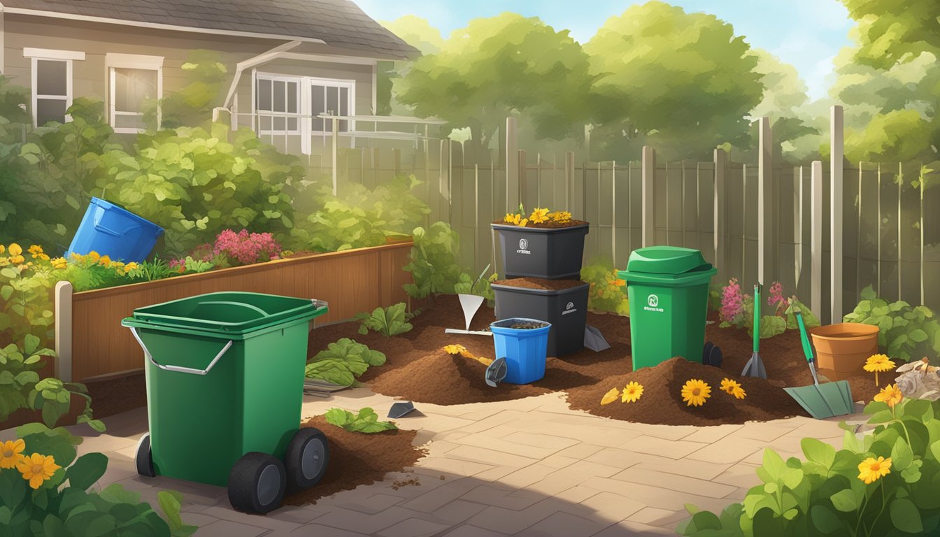 A sunny backyard with a compost bin, garden tools, and a variety of organic waste materials spread out on the ground