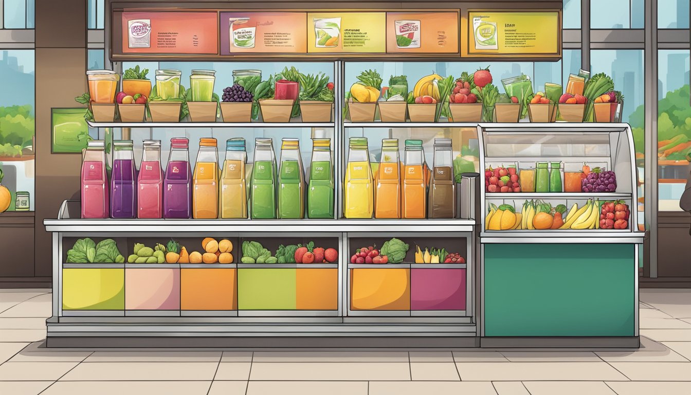 A variety of fresh juices and smoothies on display at a kiosk in Penn Station, surrounded by colorful fruit and vegetable illustrations